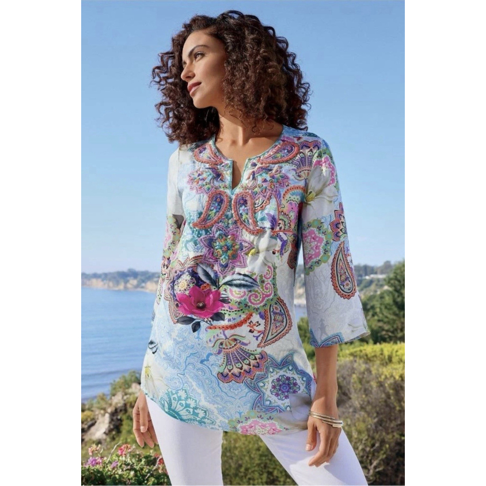 Soft Surroundings Florent Beaded Tunic Bohemian 3/4 sleeves Size Large Petite